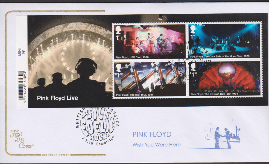 2016 - Pink Floyd, COTSWOLD Minisheet First Day Cover,Psych-edelic, CAMBRIDGE Postmark